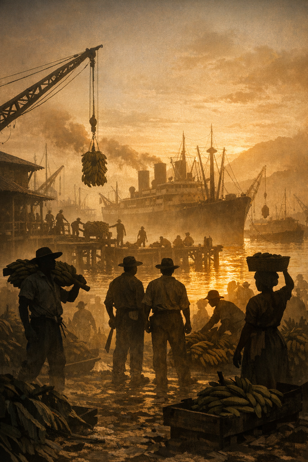 Harborside scene with workers and a large ship at sunset.
